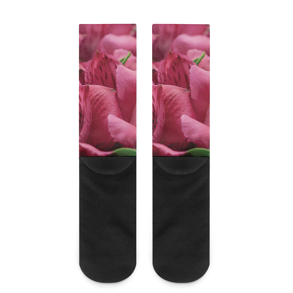 Burgundy Alstroemeria Print Crew Socks