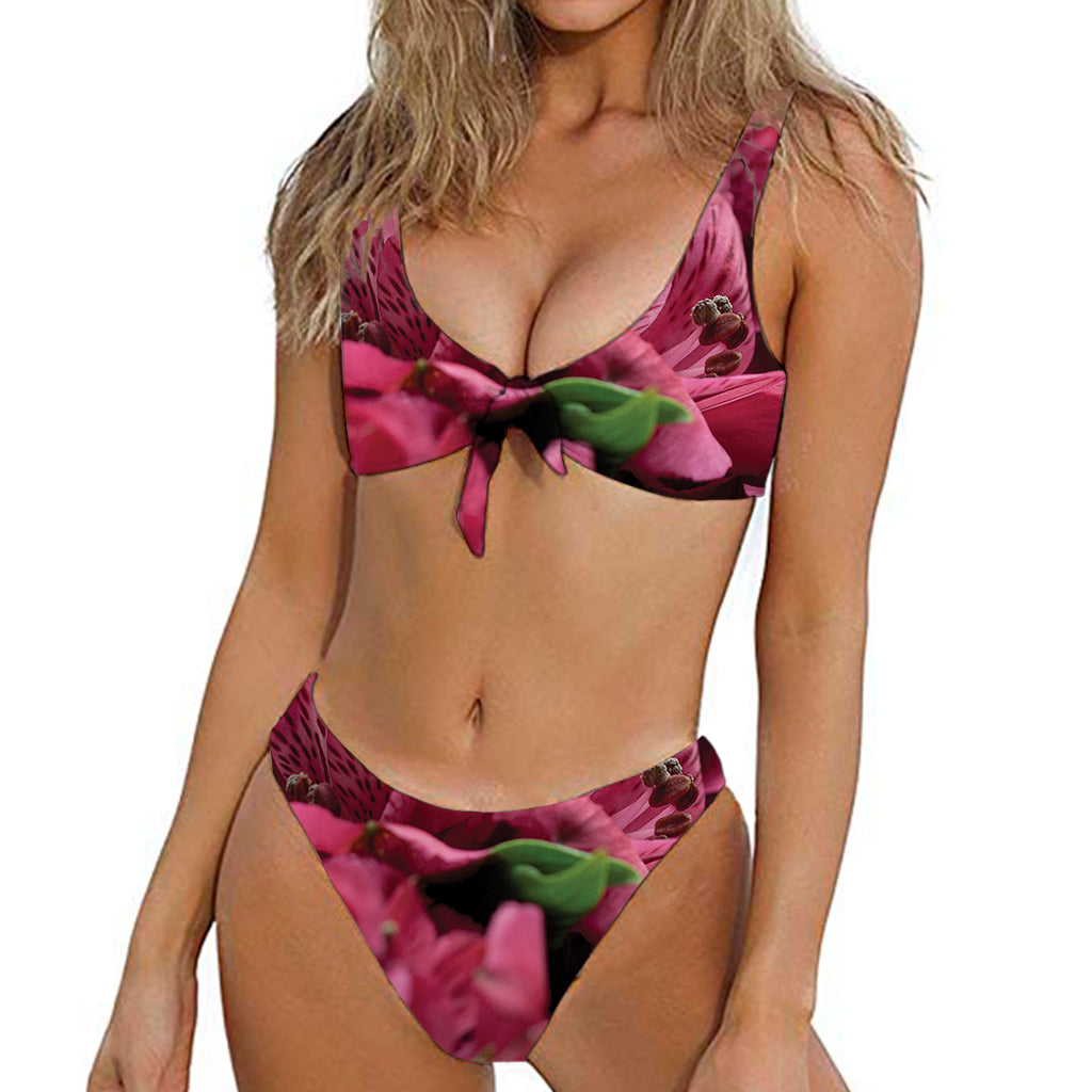 Burgundy Alstroemeria Print Front Bow Tie Bikini