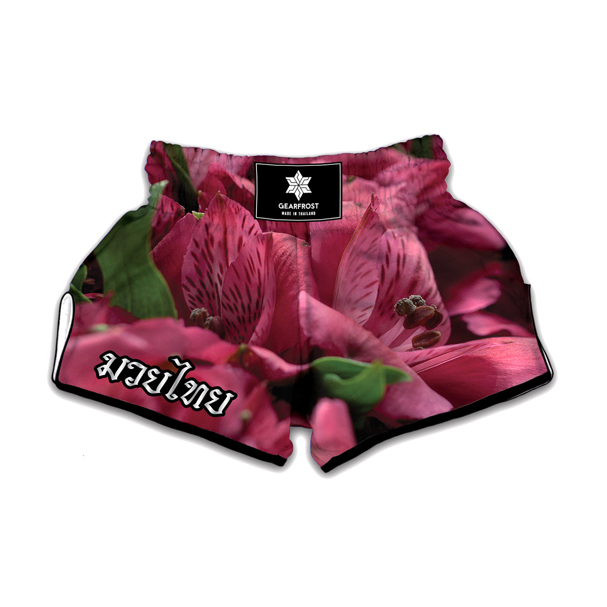 Burgundy Alstroemeria Print Muay Thai Boxing Shorts