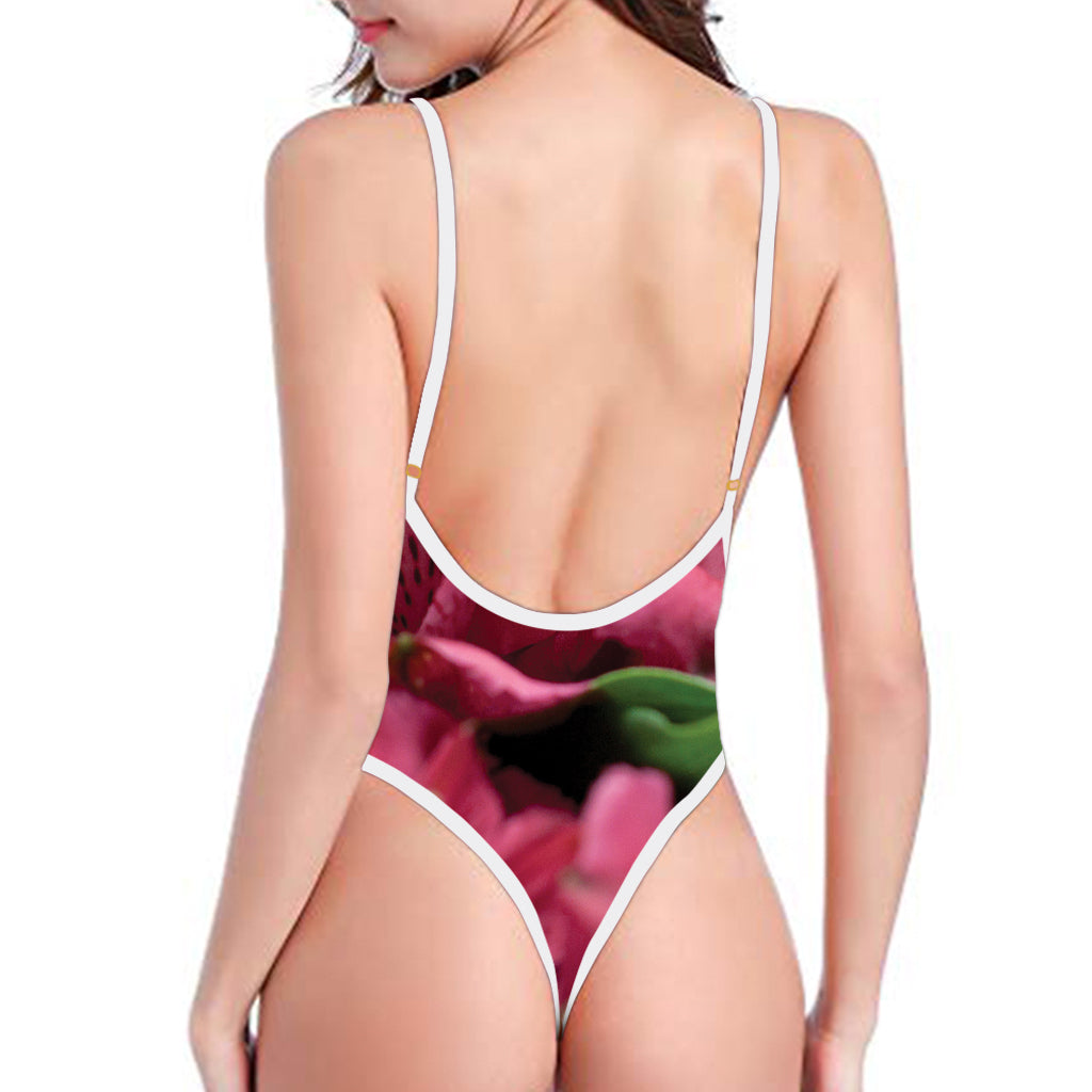 Burgundy Alstroemeria Print One Piece High Cut Swimsuit