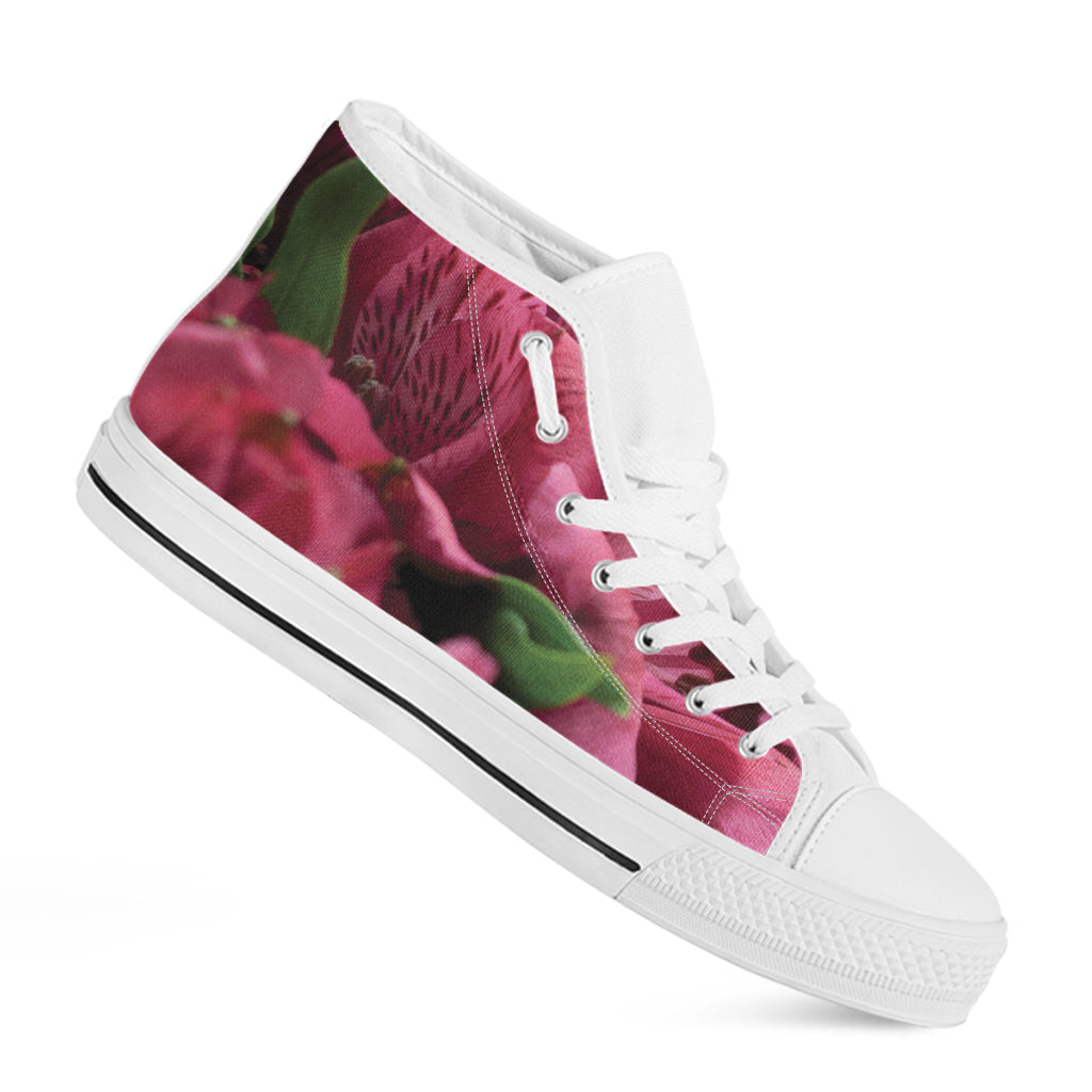 Burgundy Alstroemeria Print White High Top Shoes