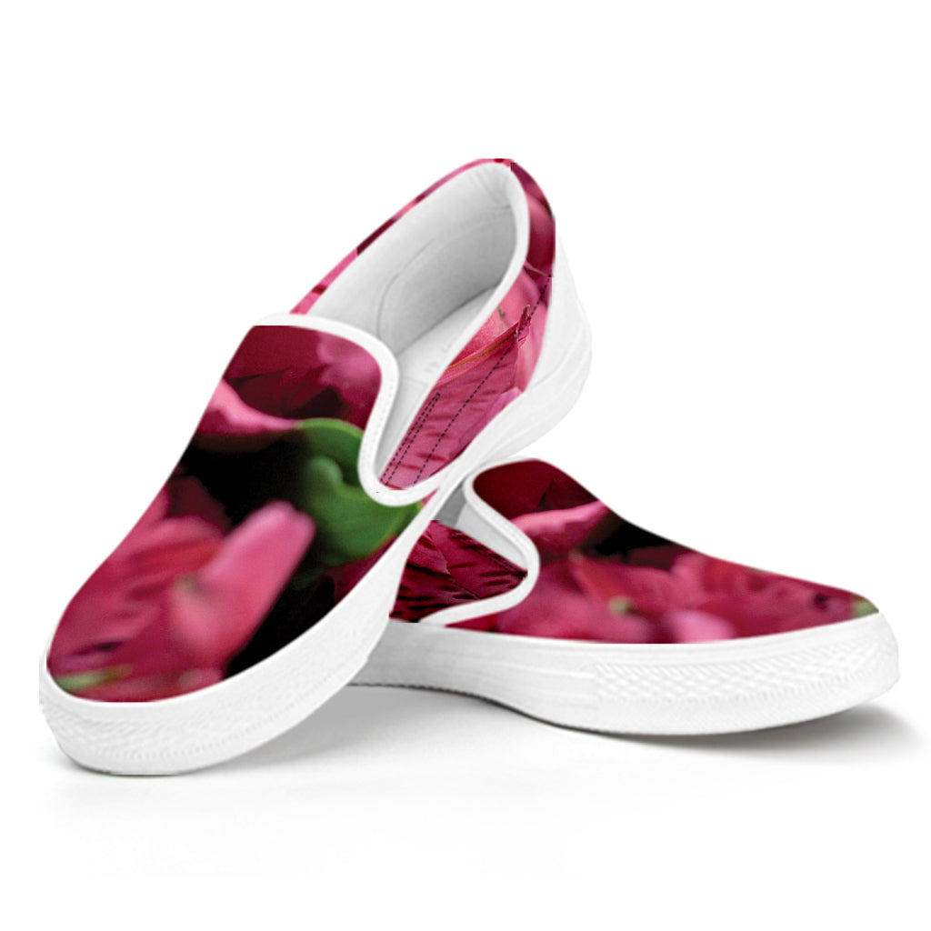 Burgundy Alstroemeria Print White Slip On Shoes