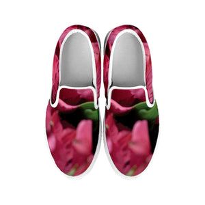 Burgundy Alstroemeria Print White Slip On Shoes