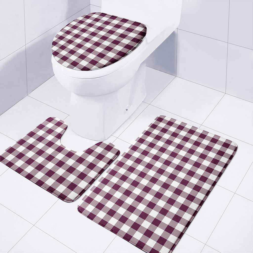 Burgundy And White Check Pattern Print 3 Piece Bath Mat Set