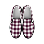 Burgundy And White Check Pattern Print Black Slip On Shoes