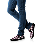 Burgundy And White Check Pattern Print Black Slip On Shoes