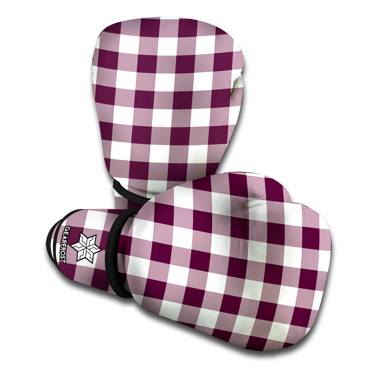 Burgundy And White Check Pattern Print Boxing Gloves