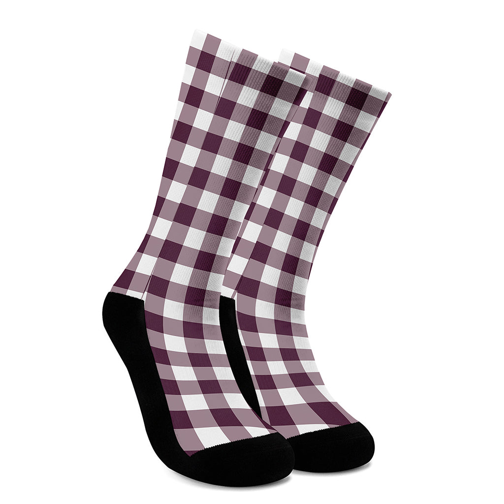 Burgundy And White Check Pattern Print Crew Socks