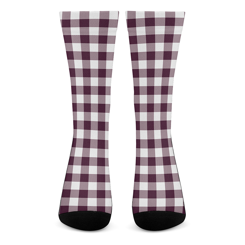 Burgundy And White Check Pattern Print Crew Socks