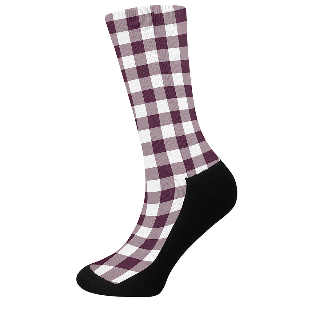 Burgundy And White Check Pattern Print Crew Socks