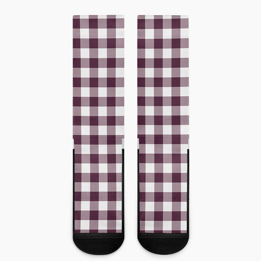 Burgundy And White Check Pattern Print Crew Socks