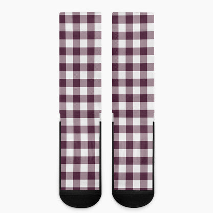 Burgundy And White Check Pattern Print Crew Socks