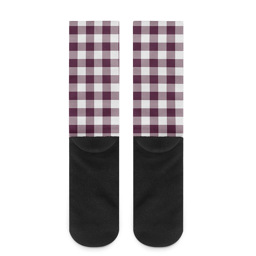 Burgundy And White Check Pattern Print Crew Socks