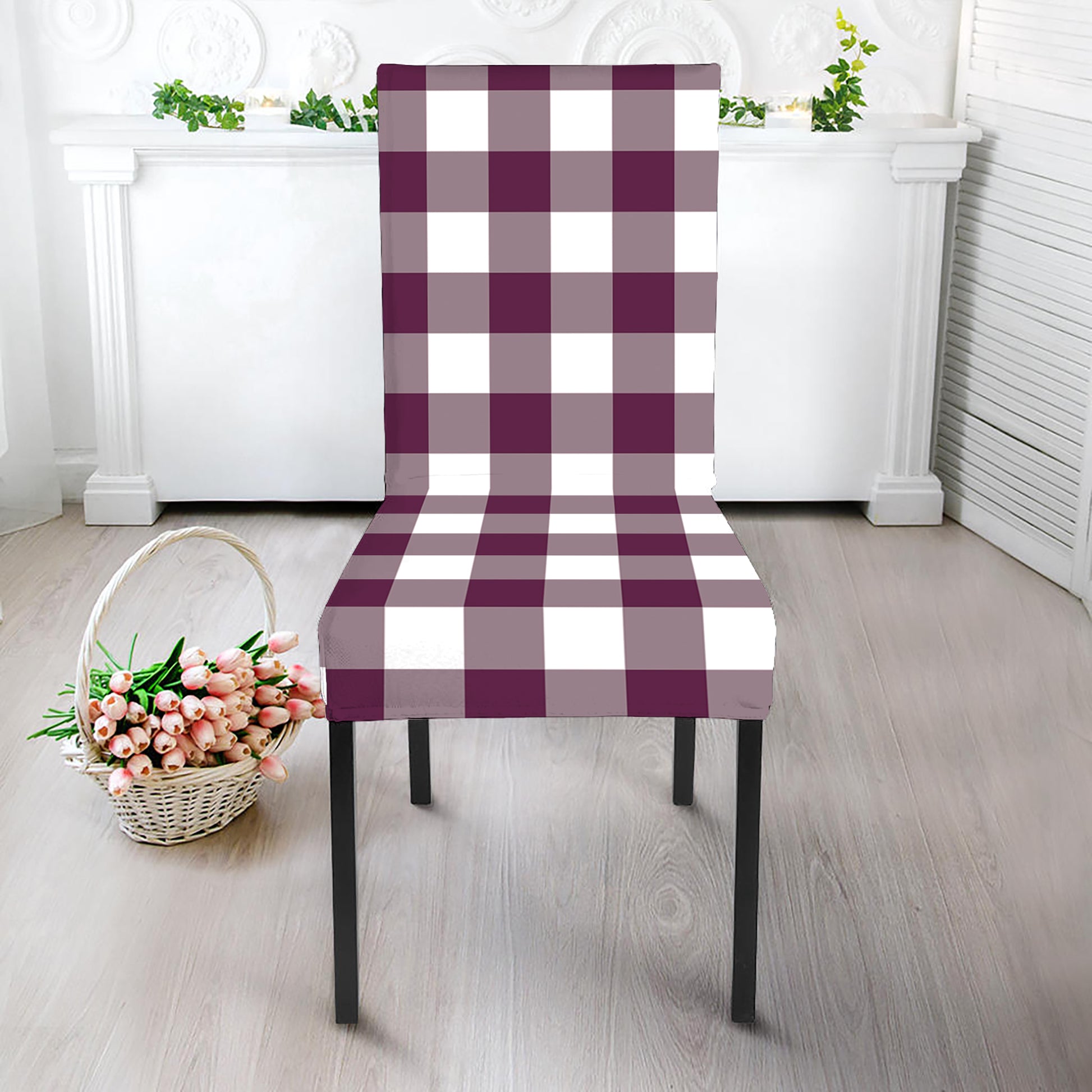 Burgundy And White Check Pattern Print Dining Chair Slipcover