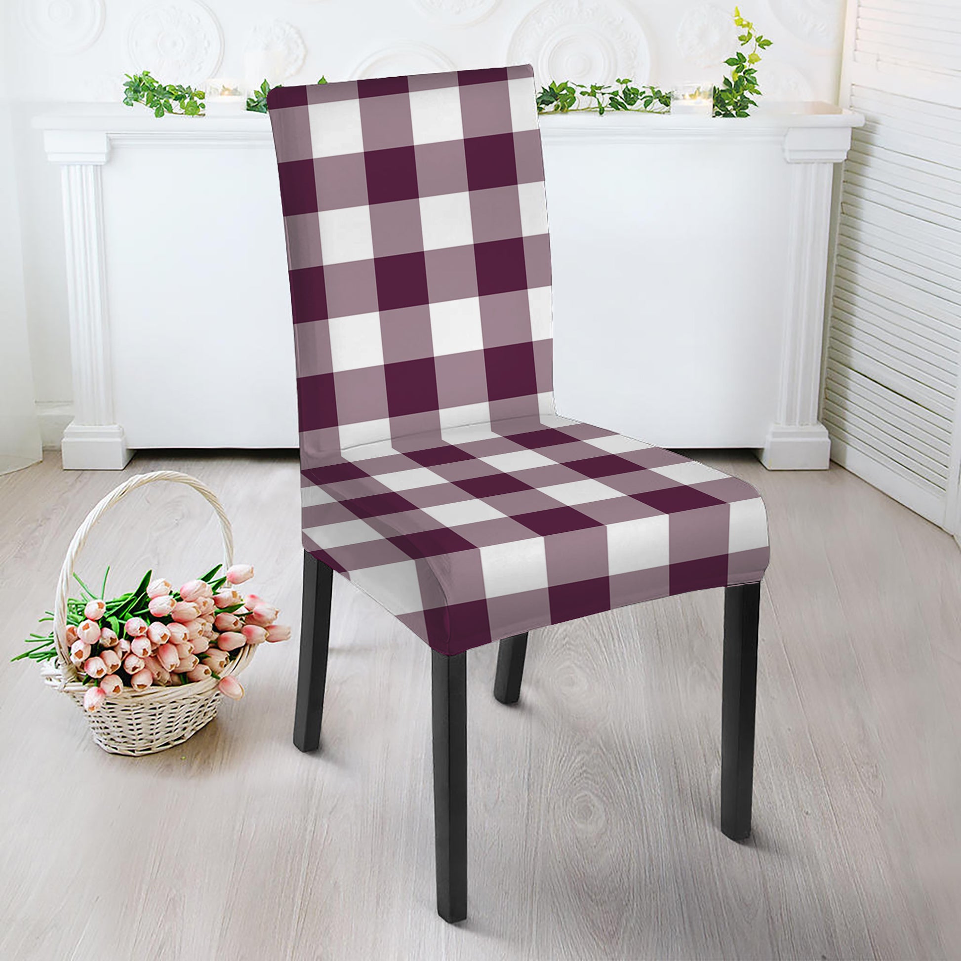 Burgundy And White Check Pattern Print Dining Chair Slipcover