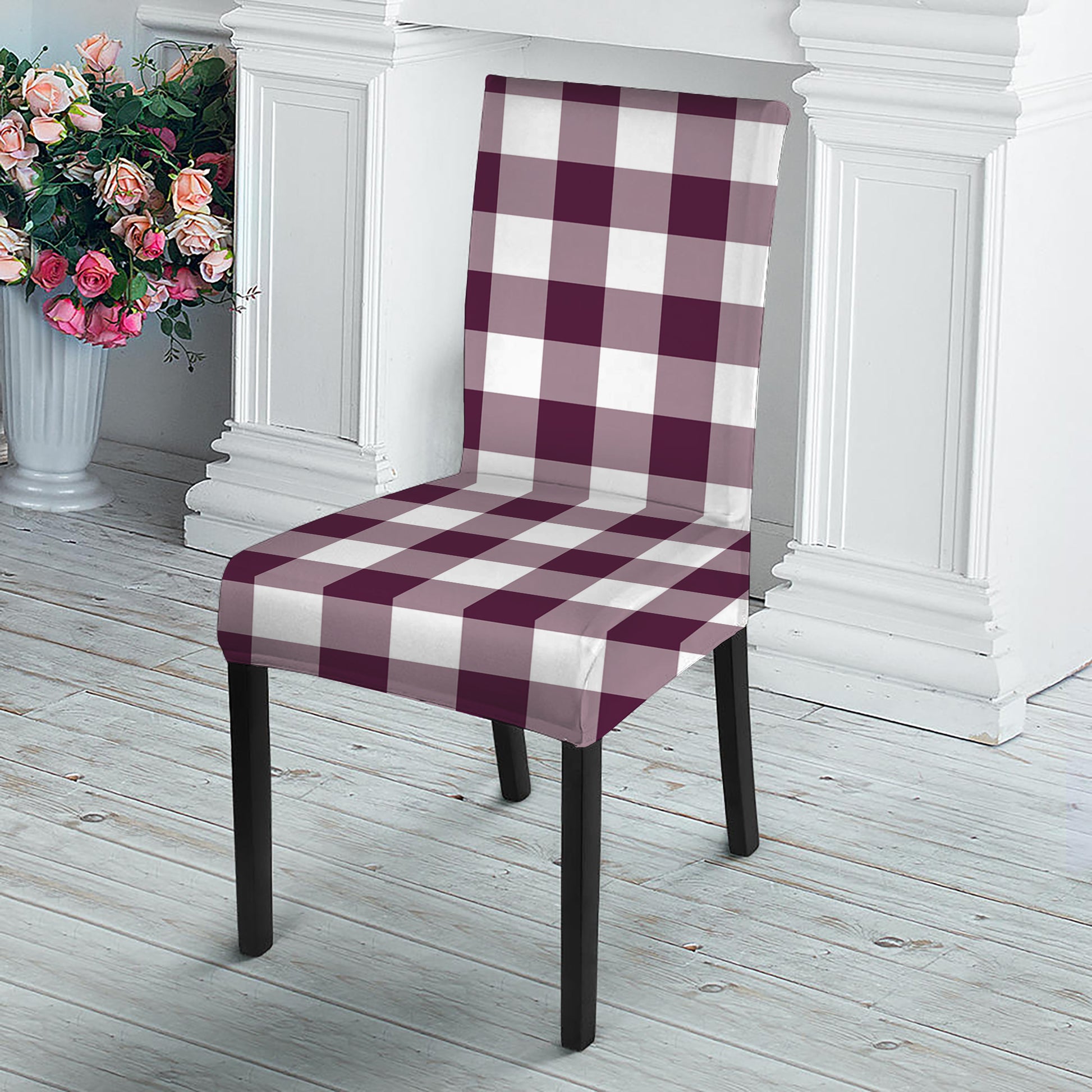 Burgundy And White Check Pattern Print Dining Chair Slipcover