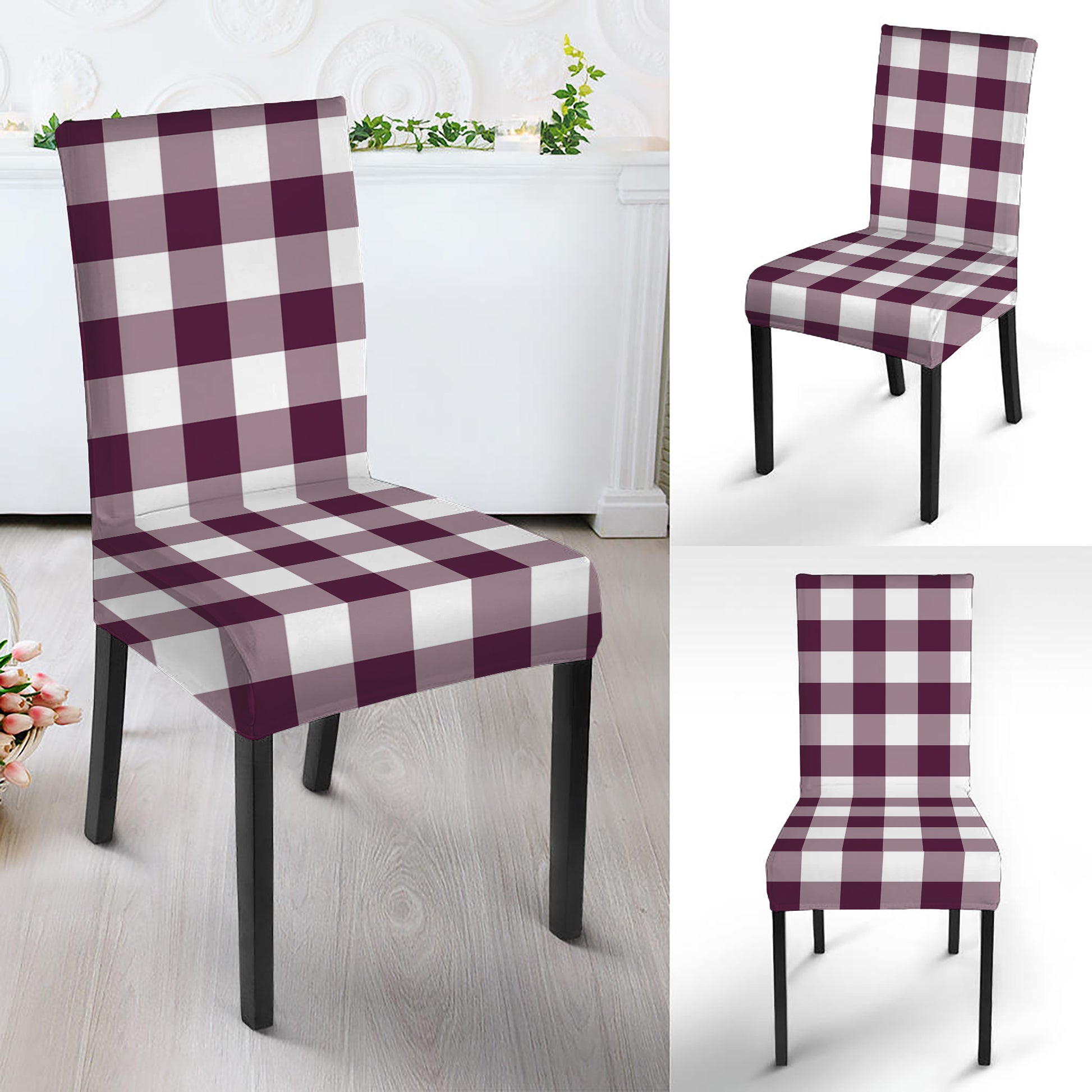 Burgundy And White Check Pattern Print Dining Chair Slipcover