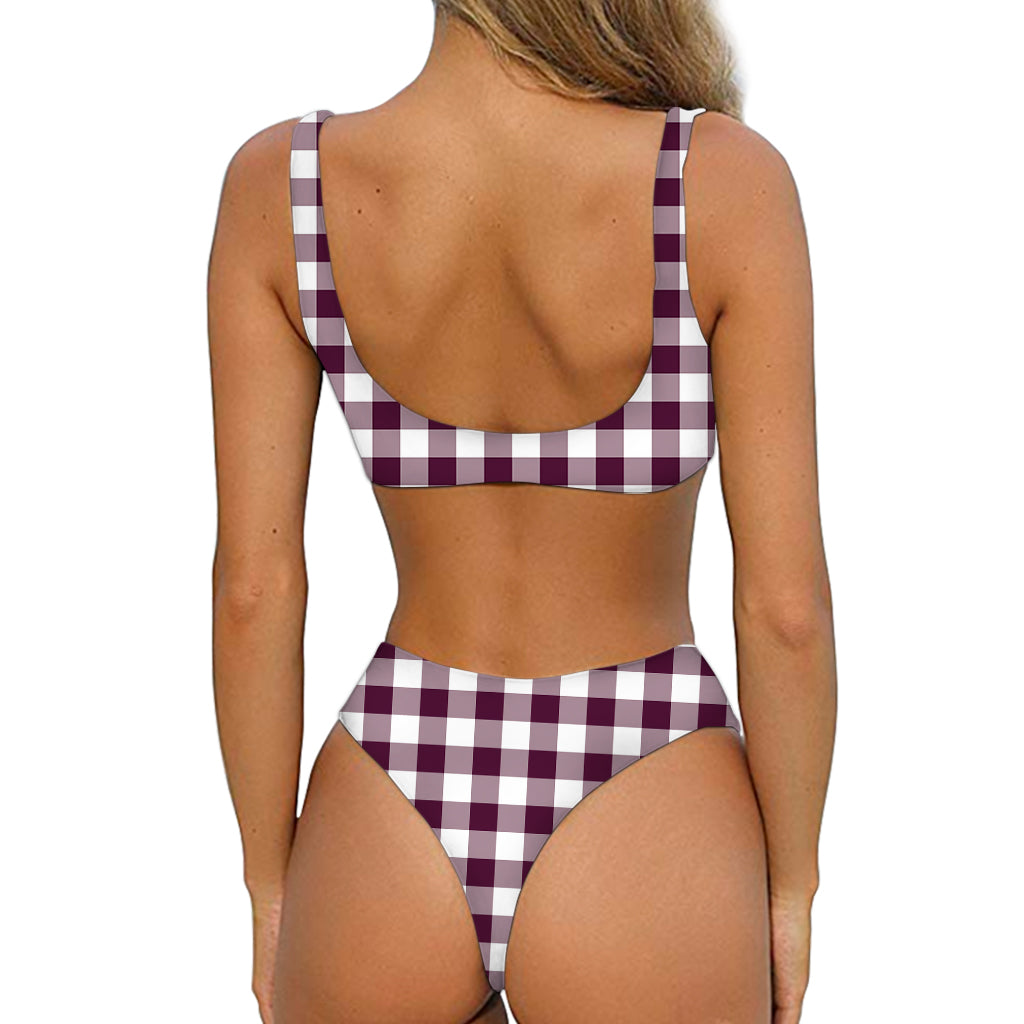 Burgundy And White Check Pattern Print Front Bow Tie Bikini