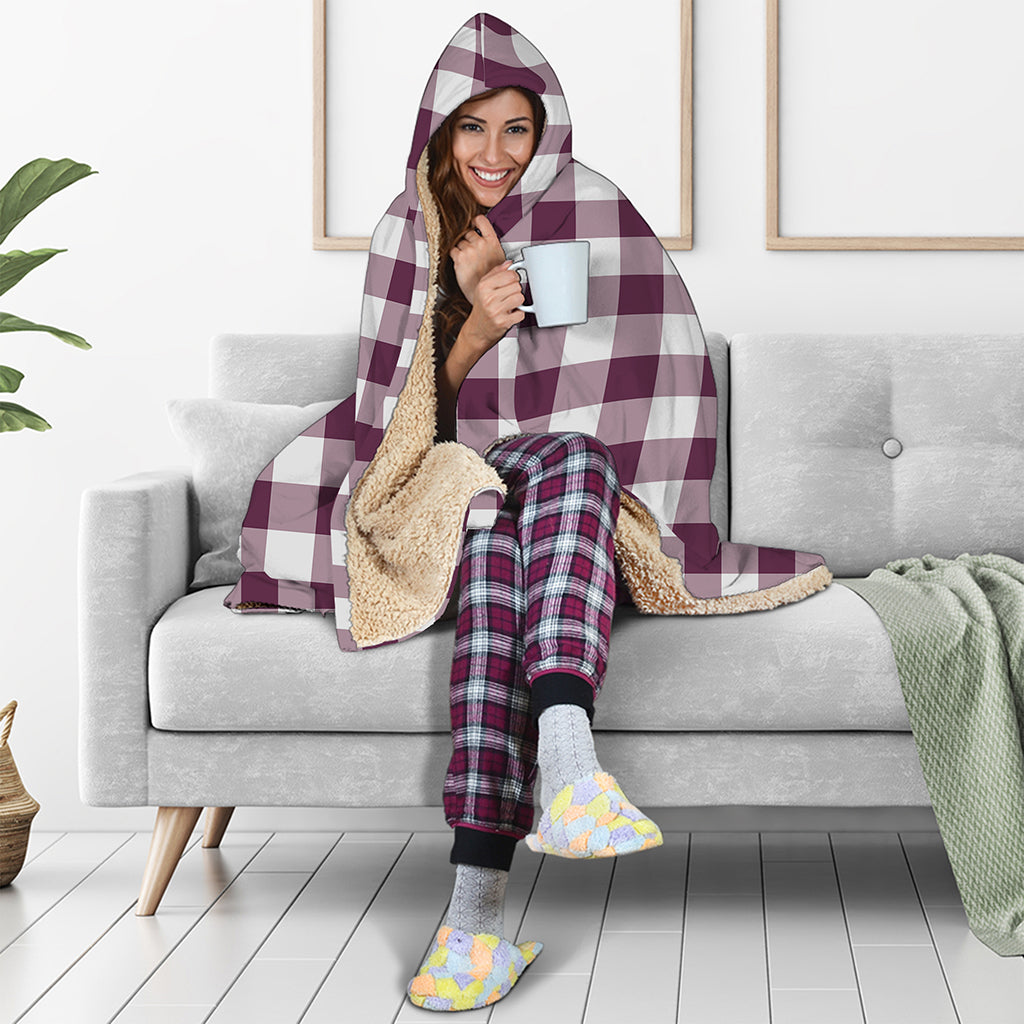 Burgundy And White Check Pattern Print Hooded Blanket