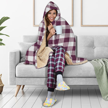 Burgundy And White Check Pattern Print Hooded Blanket