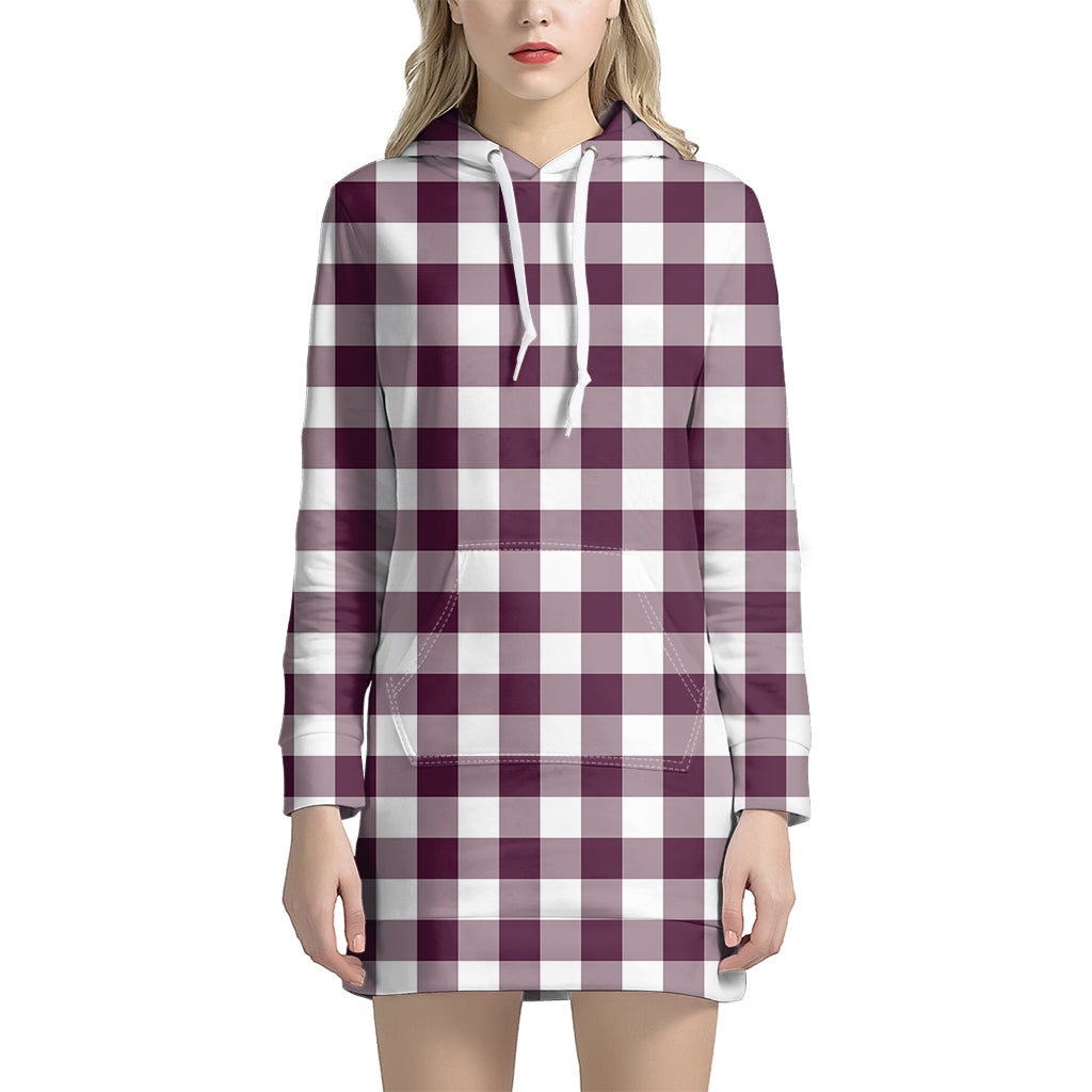 Burgundy And White Check Pattern Print Hoodie Dress