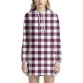 Burgundy And White Check Pattern Print Pullover Hoodie Dress