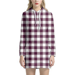 Burgundy And White Check Pattern Print Hoodie Dress