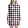 Burgundy And White Check Pattern Print Hoodie Dress