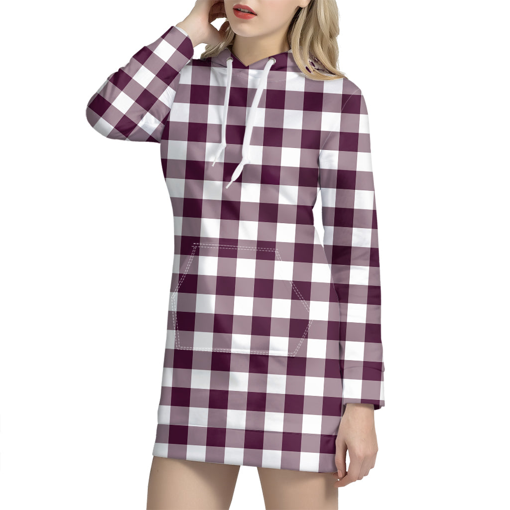 Burgundy And White Check Pattern Print Hoodie Dress