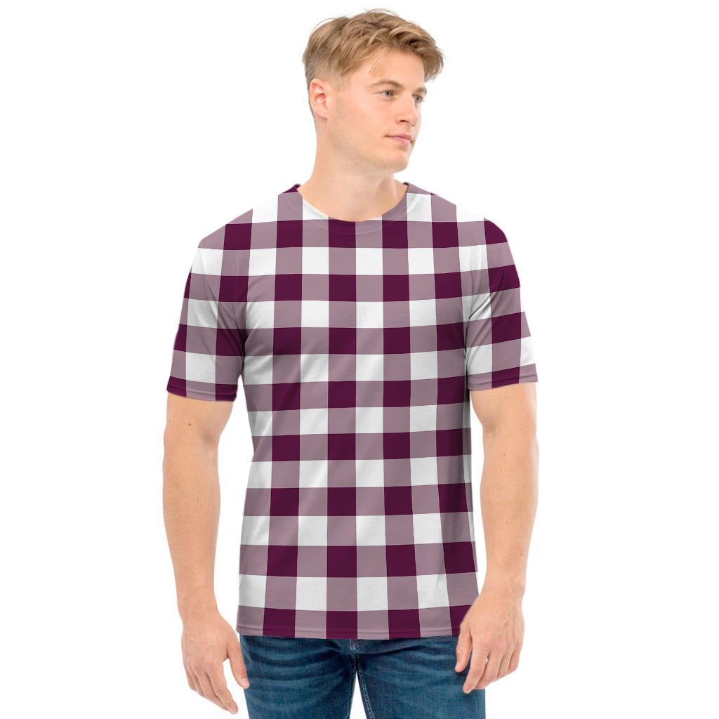 Burgundy And White Check Pattern Print Men's T-Shirt