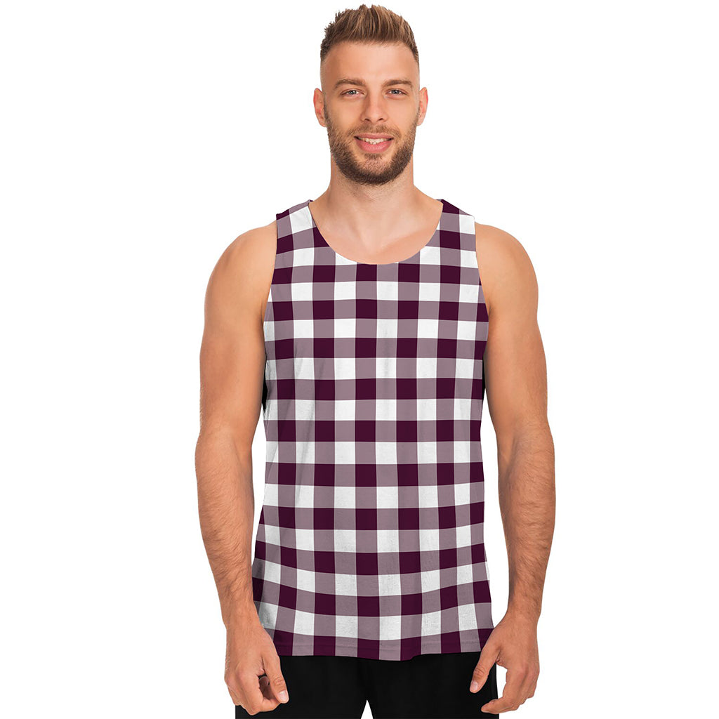 Burgundy And White Check Pattern Print Men's Tank Top