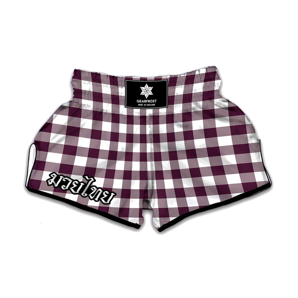 Burgundy And White Check Pattern Print Muay Thai Boxing Shorts