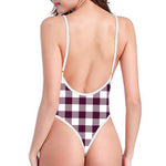 Burgundy And White Check Pattern Print One Piece High Cut Swimsuit