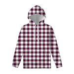 Burgundy And White Check Pattern Print Pullover Hoodie