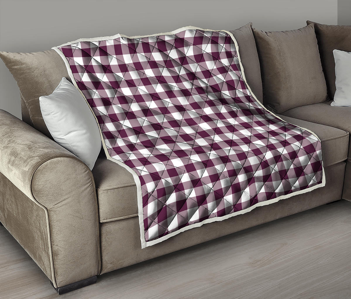 Burgundy And White Check Pattern Print Quilt