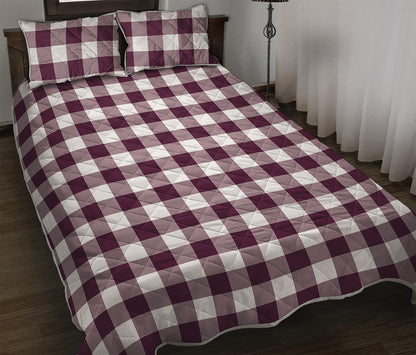 Burgundy And White Check Pattern Print Quilt Bed Set