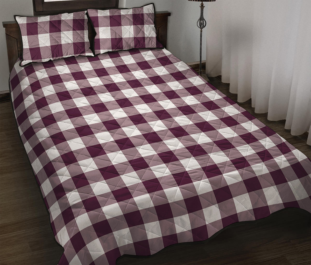 Burgundy And White Check Pattern Print Quilt Bed Set
