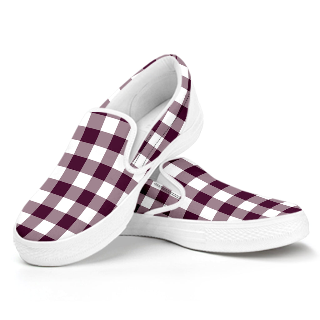 Burgundy And White Check Pattern Print White Slip On Shoes