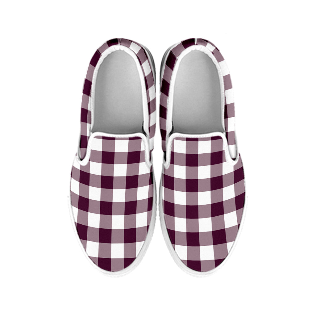 Burgundy And White Check Pattern Print White Slip On Shoes