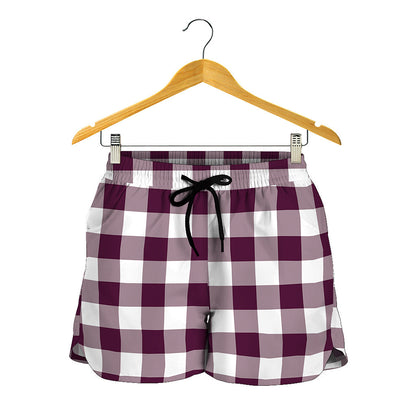 Burgundy And White Check Pattern Print Women's Shorts
