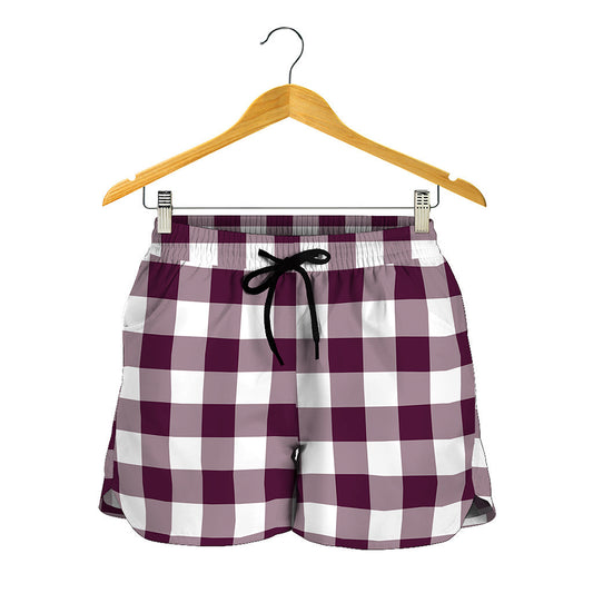 Burgundy And White Check Pattern Print Women's Shorts