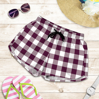 Burgundy And White Check Pattern Print Women's Shorts