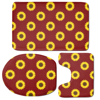 Burgundy Sunflower Pattern Print 3 Piece Bath Mat Set