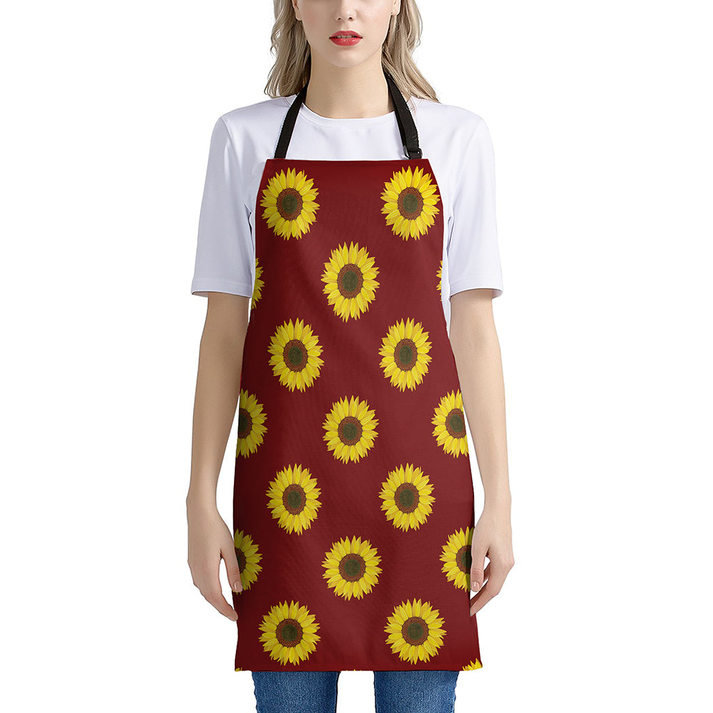 Burgundy Sunflower Pattern Print Apron