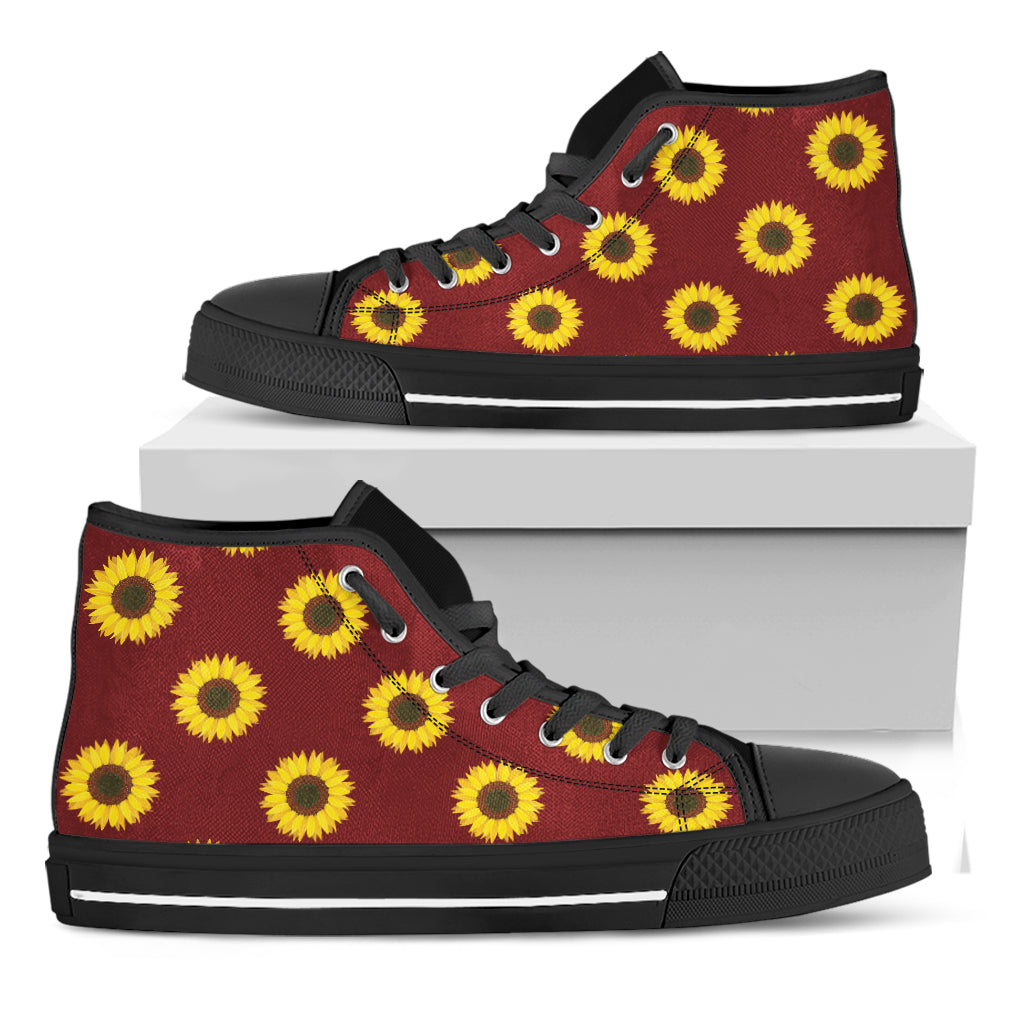 Burgundy Sunflower Pattern Print Black High Top Shoes