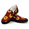 Burgundy Sunflower Pattern Print Black Slip On Sneakers