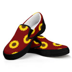 Burgundy Sunflower Pattern Print Black Slip On Shoes