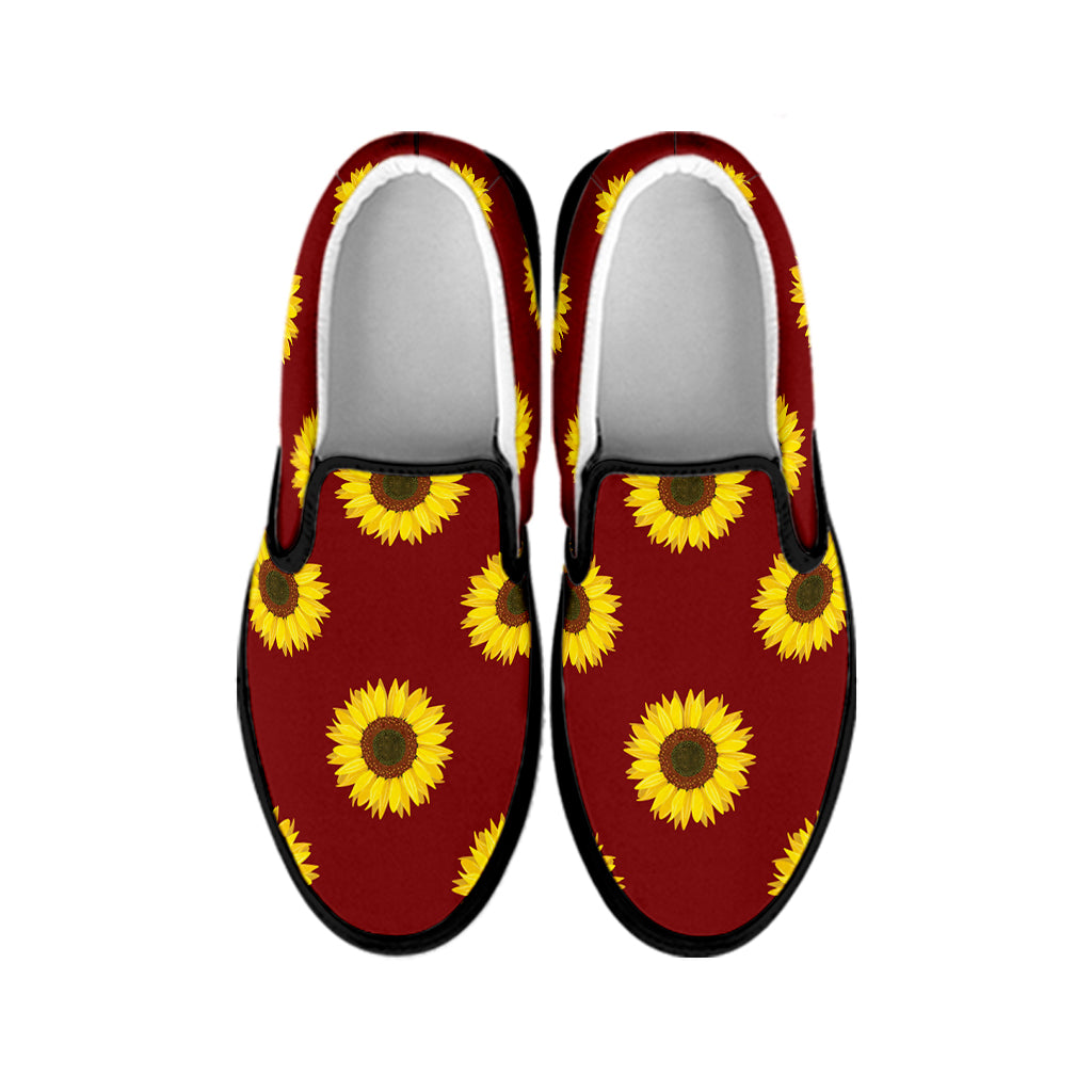 Burgundy Sunflower Pattern Print Black Slip On Shoes