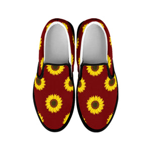 Burgundy Sunflower Pattern Print Black Slip On Shoes