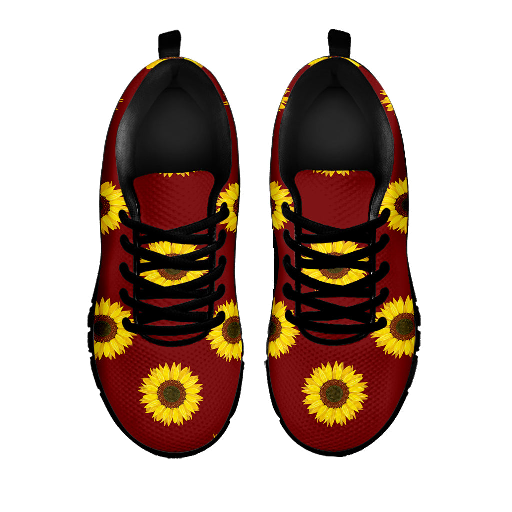 Burgundy Sunflower Pattern Print Black Sneakers